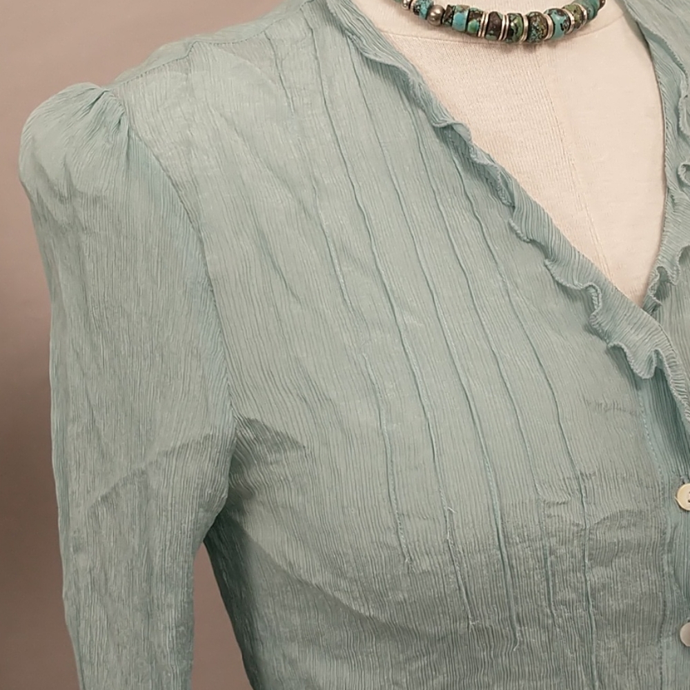 2 Silk Tops Aqua SS Peasant & Button Front Lon Slv - Picture 7 of 14